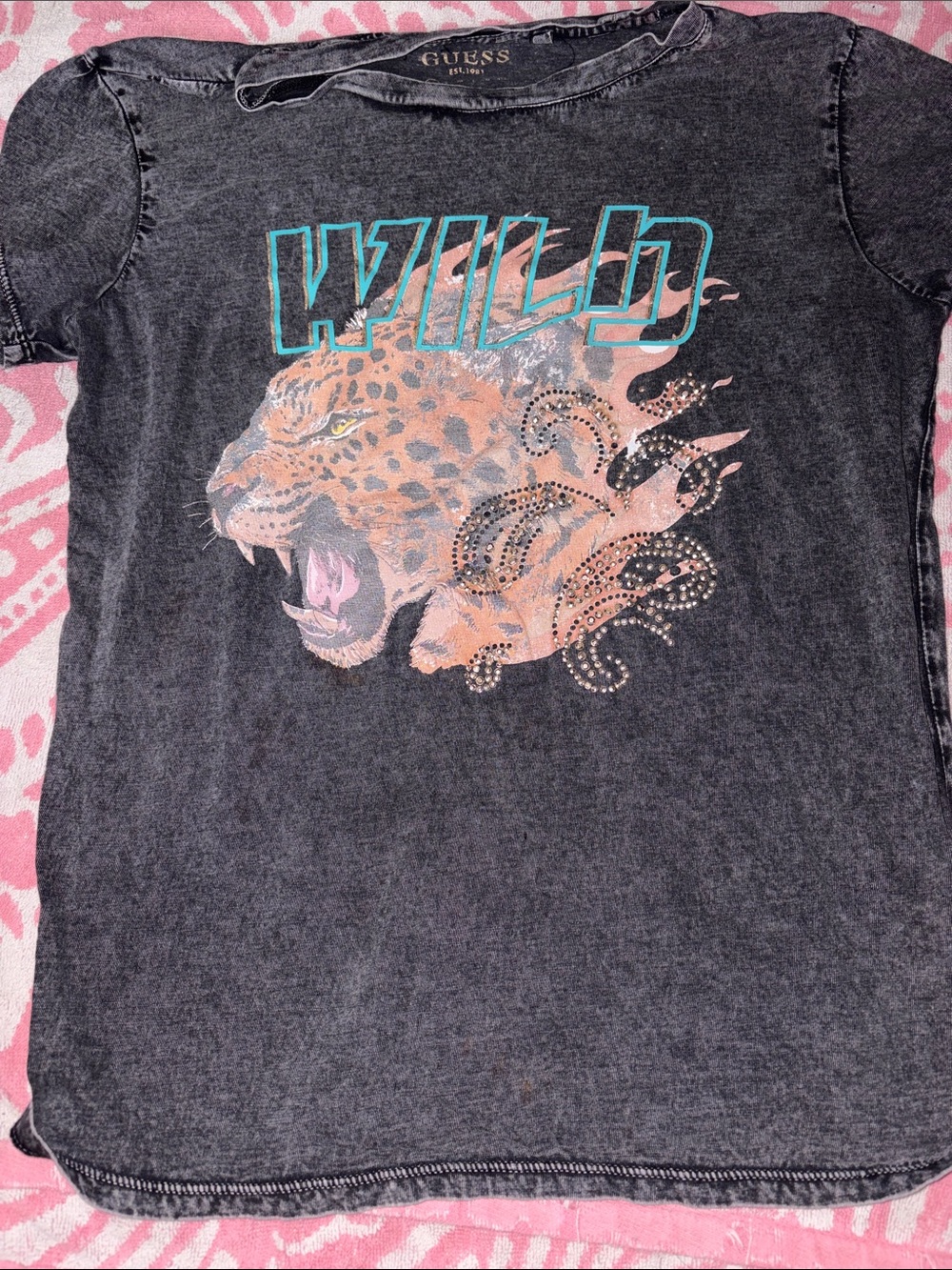 Guess Black Acid-Wash Leopard 'WILD' Graphic Tee with Teal Accents